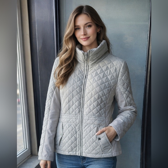 giacca Jackets & Blazers - Giacca Light Grey Women’s Jacket XL Cinch Waist Adjustable Zip Pockets Polyester